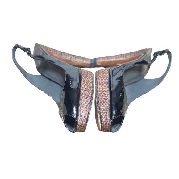 Stuart Weitzman Size 9 Black Patent Leather and Straw Platform Slingback Heels - Picture 2 of 6